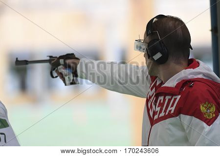 Rio Brazil - august 10 2016: GONTCHAROV Vladimir (RUS) during shooting 50m Pistol Men Shooting at Olympic Games 2016 in Olympic Shooting Centre Deodoro