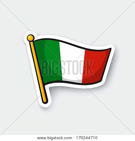 Vector illustration. Flag of Italy on flagstaff. Location symbol for travelers. Cartoon sticker with contour. Decoration for greeting cards posters patches prints for clothes emblems