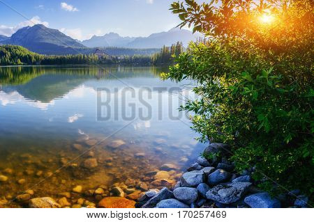 Majestic mountain lake in National Park High Tatra. Strbske pleso, Slovakia, Europe.