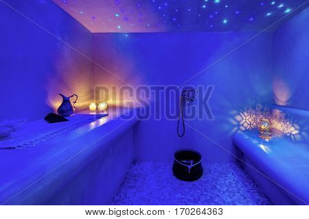 Interior of Turkish sauna, classic Turkish hammam at spa center. Spa, relaxation and resort health care center interior. 