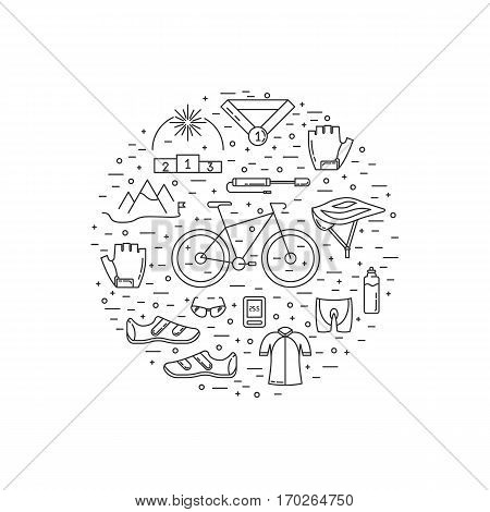 Vector set of Cycling icons in trendy linear style made in a shape of sircle. Cycle race sport elements