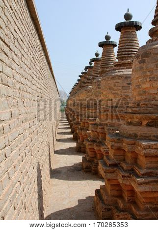 108 Dagobas, Ancient Buddhist Monument In Xiakou Mountains Near Yinchuan City, Ningxia Province Of C