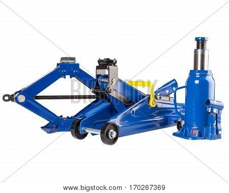 Hydraulic floor jack, bottle car jack and scissor car jack isolated on white background.