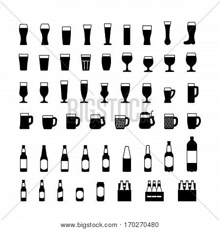 Beer bottles and glasses black icons set. Vector illustration