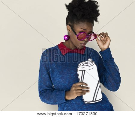 African Woman with Sunglasses Holding a Can Beverage