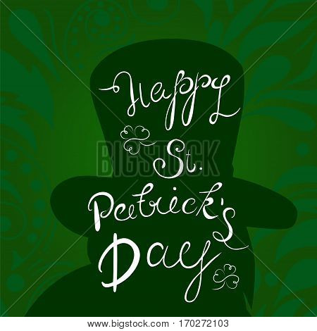 Happy St. Patrick's Day lettering with Character and clover shamrock. Traditional Irish holiday template design.