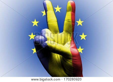 v sign hand painted with romanian flag over the european union flag white