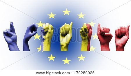 romania sign hand painted with romanian flag over the european union flag white