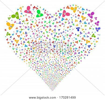Boss fireworks with heart shape. Vector illustration style is flat bright multicolored iconic symbols on a white background. Object stream constructed from scattered icons.