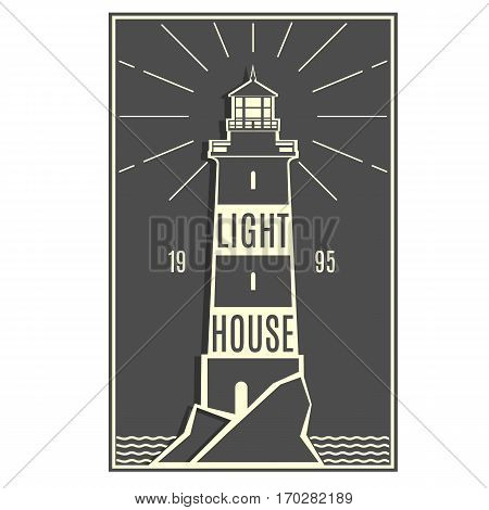 Lighthouse retro black white logo. Naval Architecture sign. Lighthouse stylish badge. Sticker, line design. Hipster style. Marine symbol. Vector illustration.
