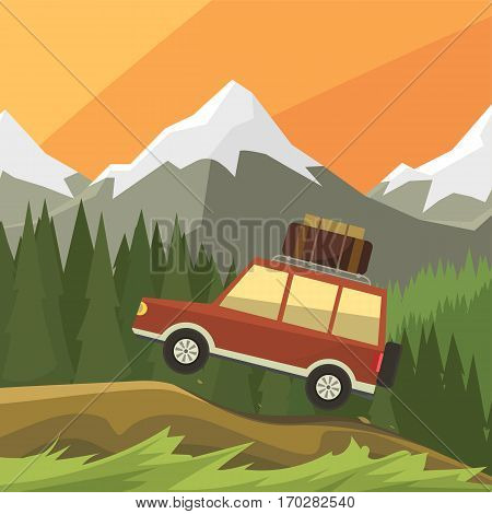 Jeep rides on off-road trail, background of high mountains and forests. Active outdoor recreation with family. art. Vehicle SUV. Wild Reserve. Beautiful sunset landscape. vector car. flat design