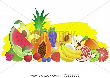 vector fruits banner. eco products. modern flat design. fresh berries, nuts, fruits banner. banana, watermelon, apple, strawberry, coconut, pineapple, other.