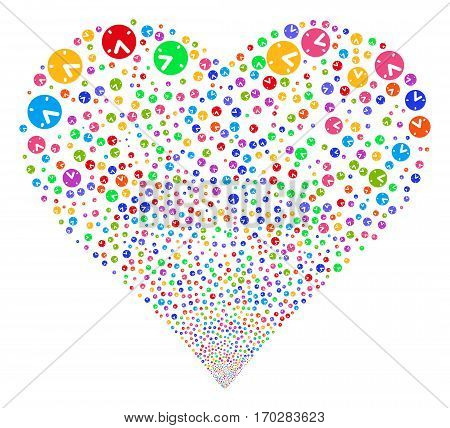 Clock fireworks with heart shape. Vector illustration style is flat bright multicolored iconic symbols on a white background. Object valentine heart organized from scattered design elements.