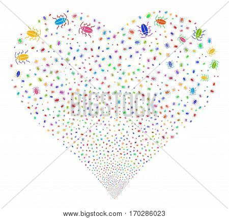 Cucaracha fireworks with heart shape. Vector illustration style is flat bright multicolored iconic symbols on a white background. Object stream organized from random pictograms.