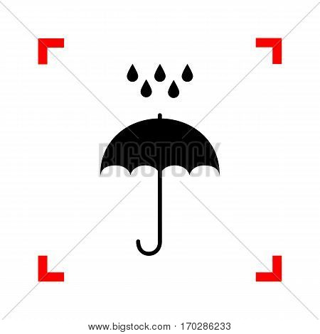 Umbrella with water drops. Rain protection symbol. Flat design style. Black icon in focus corners on white background. Isolated.