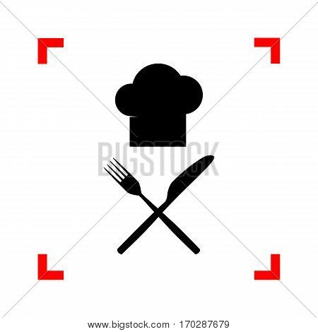 Chef with knife and fork sign. Black icon in focus corners on white background. Isolated.