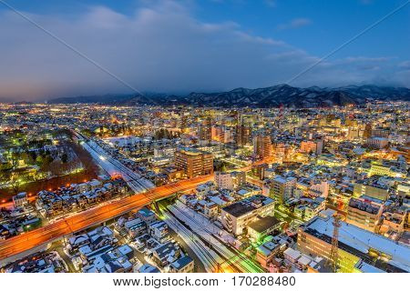 Yamagata, Japan downtown skyline at night.