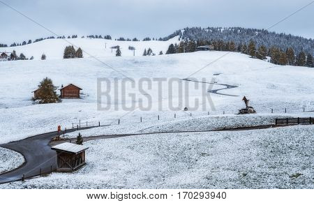 Italy. Dolomites. Snowy morning on the plateau of Alpe di Siusi