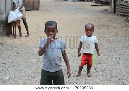 Sao Tome, Sao Tome and Principe - July 20, 2015: Unidentified Sao Tomean kids in a village at Sao Tome