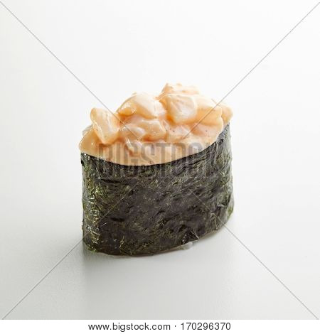 Japanese Sushi - Ika Gunkan Sushi (Nori wrapped Scallop Sushi) on White Background