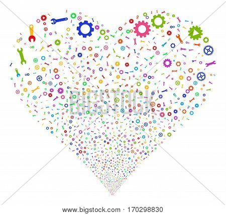 Setup Tools fireworks with heart shape. Vector illustration style is flat bright multicolored iconic symbols on a white background. Object heart combined from confetti pictographs.