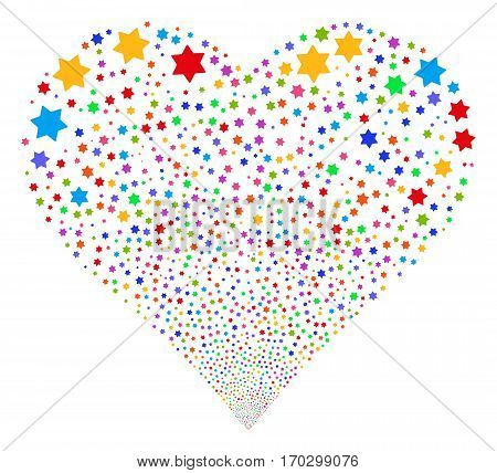 Six Pointed Star fireworks with heart shape. Vector illustration style is flat bright multicolored iconic symbols on a white background. Object valentine heart combined from confetti pictograms.