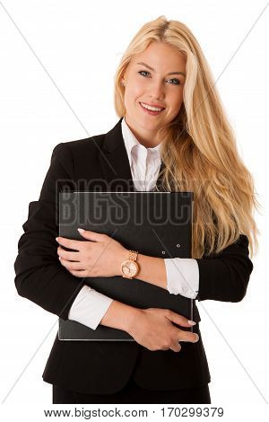 Beautiful Business Woman Holdinh File Folder Isolated Over White Background