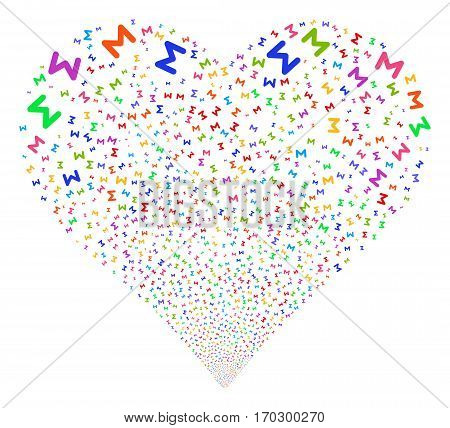 Sum fireworks with heart shape. Vector illustration style is flat bright multicolored iconic symbols on a white background. Object heart done from scattered symbols.
