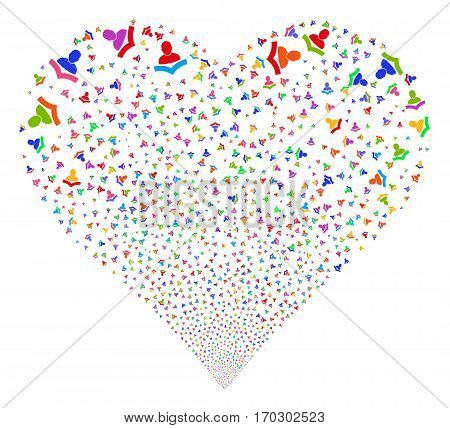 Warning fireworks with heart shape. Vector illustration style is flat bright multicolored iconic symbols on a white background. Object heart done from scattered symbols.