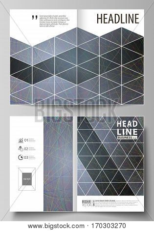 Business templates for bi fold brochure, magazine, flyer, booklet or annual report. Cover design template, easy editable vector, abstract flat layout in A4 size. Colorful dark background with abstract lines. Bright color chaotic, random, messy curves. Col