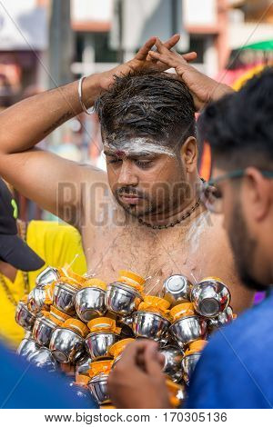 Georgetown Penang Malaysia - February 9 2017 : Hindu devotee taking part in the Thaipusam festival on February 9 2017 in Malaysia. Hindu festival to worship God Muruga.