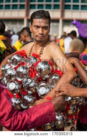 Georgetown Penang Malaysia - February 9 2017 : Hindu devotee taking part in the Thaipusam festival on February 9 2017 in Malaysia. Hindu festival to worship God Muruga.
