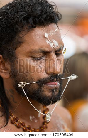 Georgetown Penang Malaysia - February 9 2017 : Hindu devotee taking part in the Thaipusam festival on February 9 2017 in Malaysia. Hindu festival to worship God Muruga.