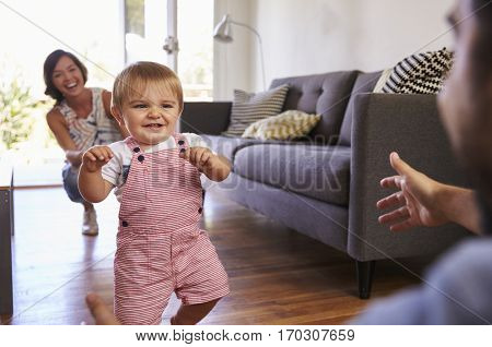 Parents Watching Baby Daughter Take First Steps At Home