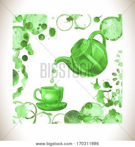 Cup Of Fresh Green Tea With  Tea Stain