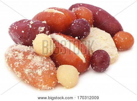 Popular Bangladeshi indian Sweetmeats over white background