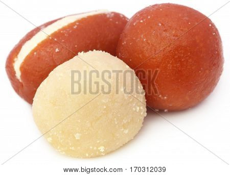 Popular Bangladeshi indian Sweetmeats over white background