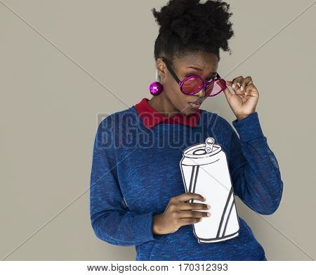 African Woman with Sunglasses Holding a Can Beverage