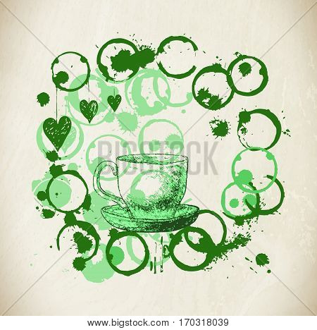 Cup Of Fresh Green Tea With  Tea Stain