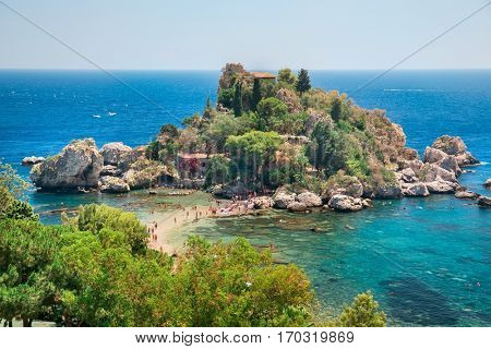 View of beach and island Isola Bella at Taormina, Sicily