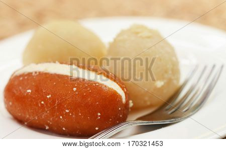 Close up of Popular Bangladeshi sweetmeats in a plate