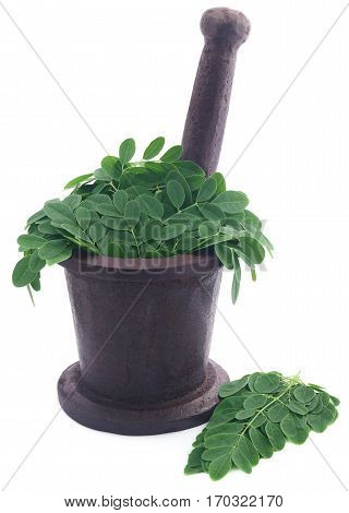Edible moringa leaves in a vintage mortar over white background