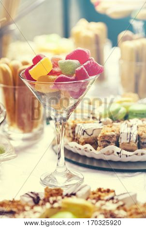  Candy buffet on a wedding  with a wide variety of candies and sweets