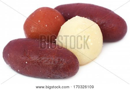 Close up of Popular Bangladeshi Sweetmeats over white background