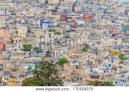 Photo of a Urfa taken from the city castle. Only houses and one tree compose the picture.