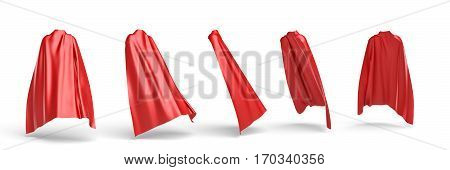 3d rendering of a red cape draped over invisible silhouette in five different points of view. Ads and promotions. Theater and stage. Carnivals.