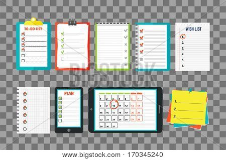 Agenda list concept vector illustration. Business paper clipboard in flat style. Self-adhesive notes color hand article. Important template advice page.