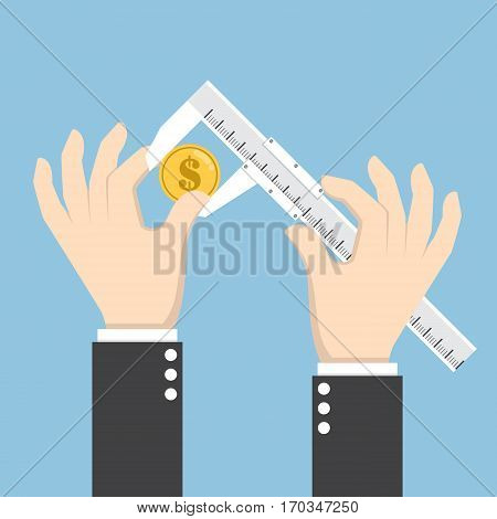 Businessman Hand Measuring Dollar Coin With Calipers