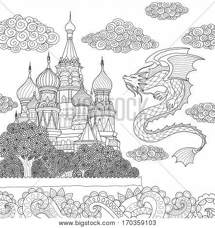 Dragon flying above russian cathedral on floral ocean for adult coloring book page
