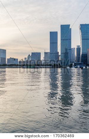 landmarks of Shanghai with Huangpu river in China.